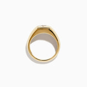 The Lab Grown Diamond Channel-Set Men's Pinky Ring in 14K Yellow Gold showcases a prominent round lab-grown diamond center and a channel-set row of square diamonds, displayed on a plain white background.