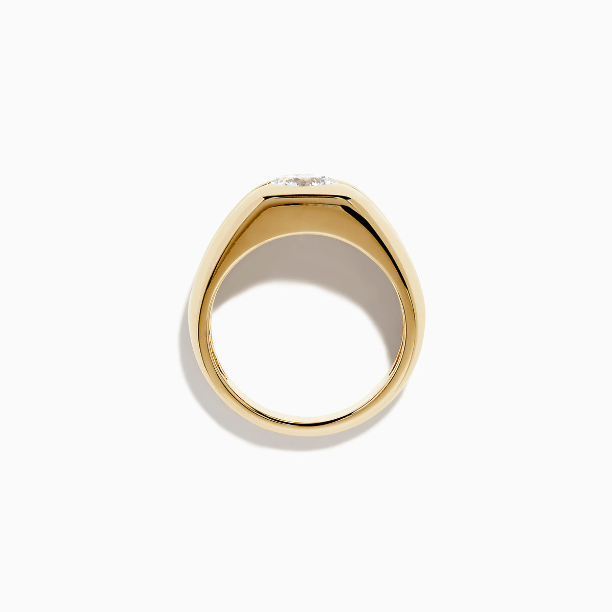 The Lab Grown Diamond Channel-Set Men's Pinky Ring in 14K Yellow Gold showcases a prominent round lab-grown diamond center and a channel-set row of square diamonds, displayed on a plain white background.