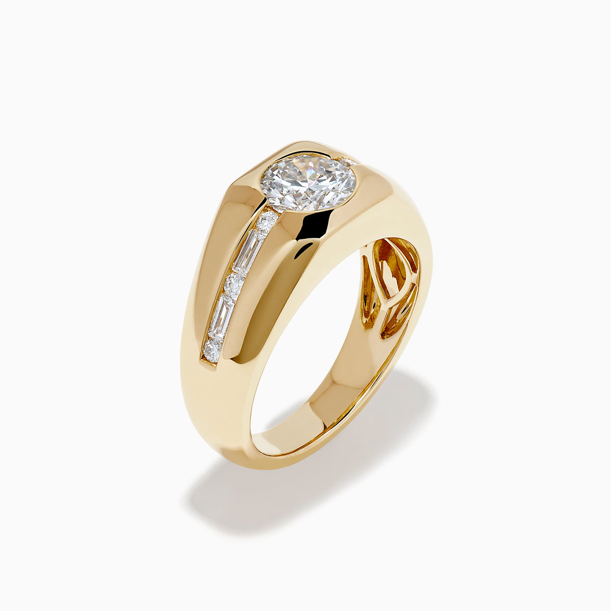 The Lab Grown Diamond Channel-Set Men's Pinky Ring in 14K Yellow Gold showcases a prominent round lab-grown diamond center and a channel-set row of square diamonds, displayed on a plain white background.
