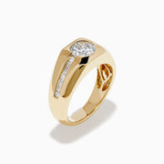 The Lab Grown Diamond Channel-Set Men's Pinky Ring in 14K Yellow Gold showcases a prominent round lab-grown diamond center and a channel-set row of square diamonds, displayed on a plain white background.