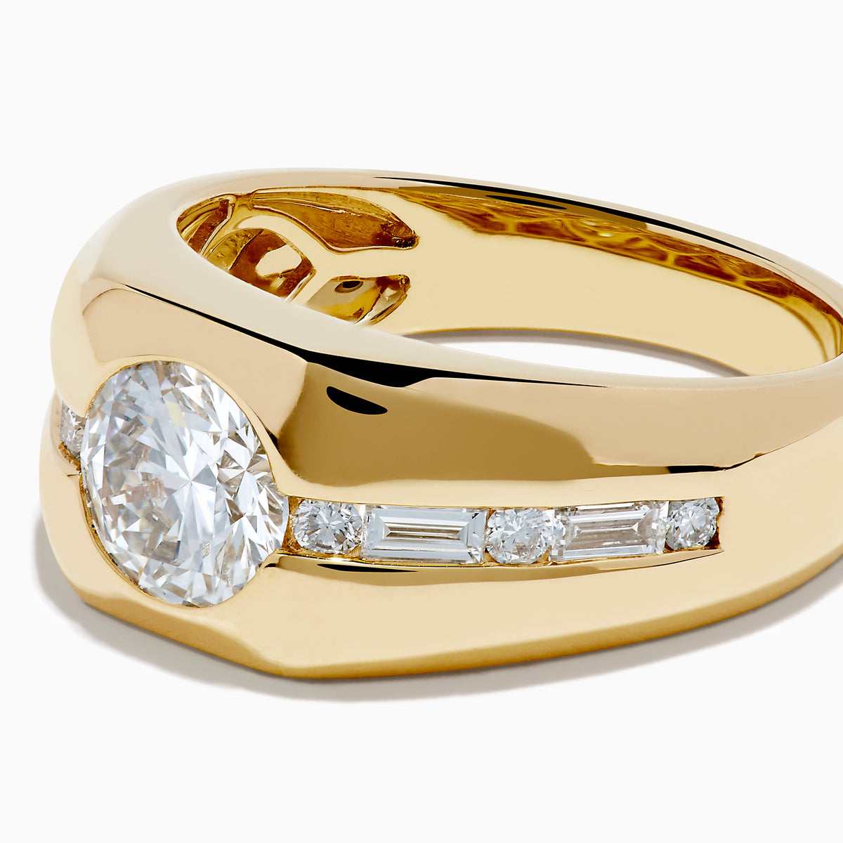 The Lab Grown Diamond Channel-Set Men's Pinky Ring in 14K Yellow Gold showcases a prominent round lab-grown diamond center and a channel-set row of square diamonds, displayed on a plain white background.