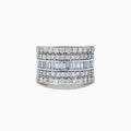 The Classique 14K White Gold Diamond Wide Band Ring showcases alternating rows of round and baguette diamonds in a stacked, layered design, set against a plain white background.