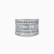 The Classique 14K White Gold Diamond Wide Band Ring showcases alternating rows of round and baguette diamonds in a stacked, layered design, set against a plain white background.