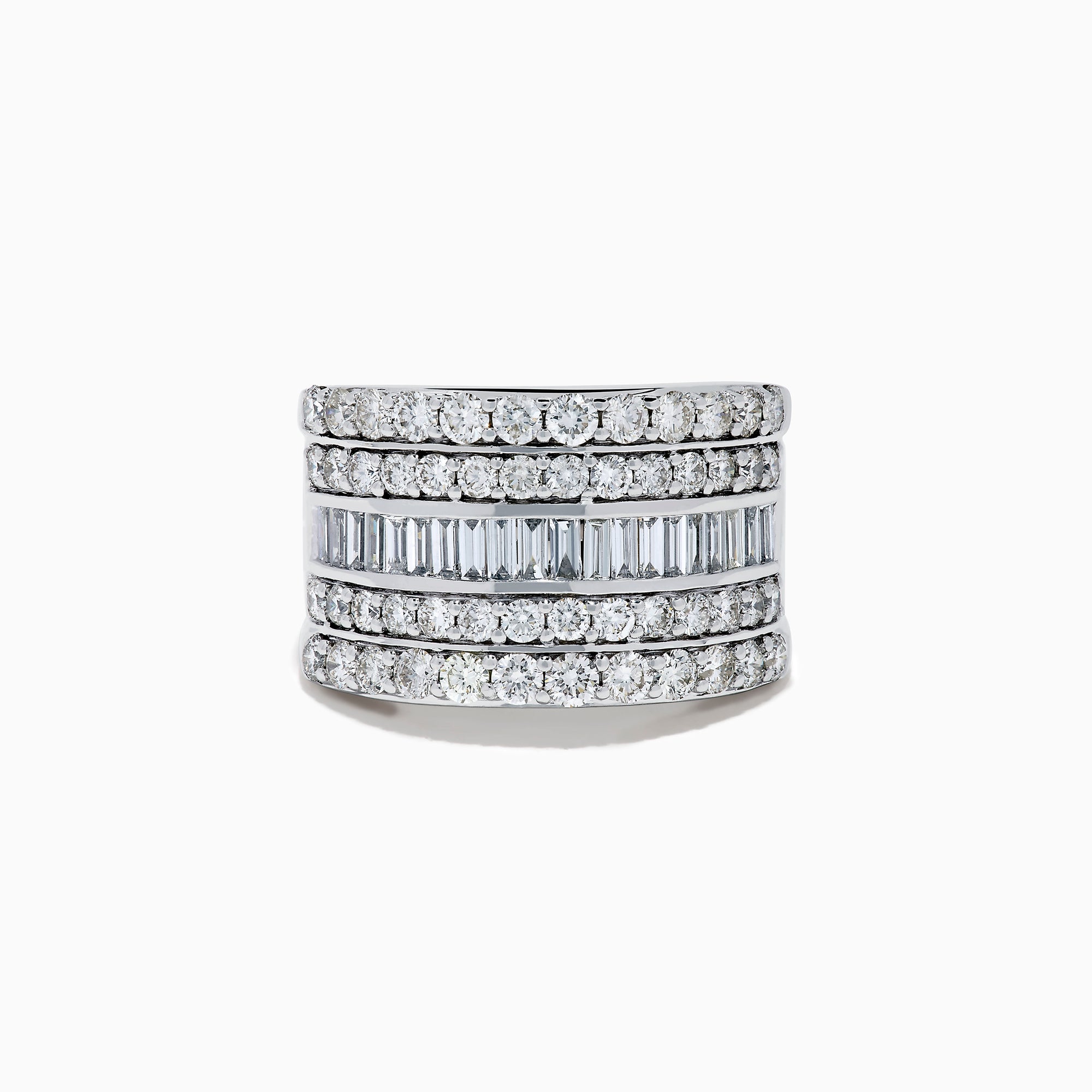The Classique 14K White Gold Diamond Wide Band Ring showcases alternating rows of round and baguette diamonds in a stacked, layered design, set against a plain white background.