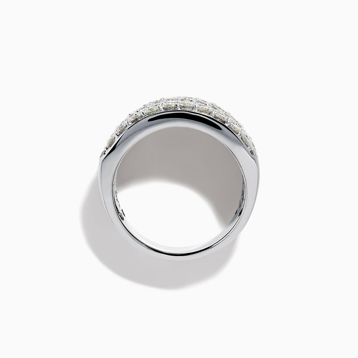 The Classique 14K White Gold Diamond Wide Band Ring showcases alternating rows of round and baguette diamonds in a stacked, layered design, set against a plain white background.