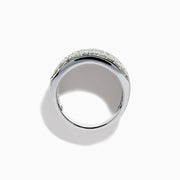 The Classique 14K White Gold Diamond Wide Band Ring showcases alternating rows of round and baguette diamonds in a stacked, layered design, set against a plain white background.