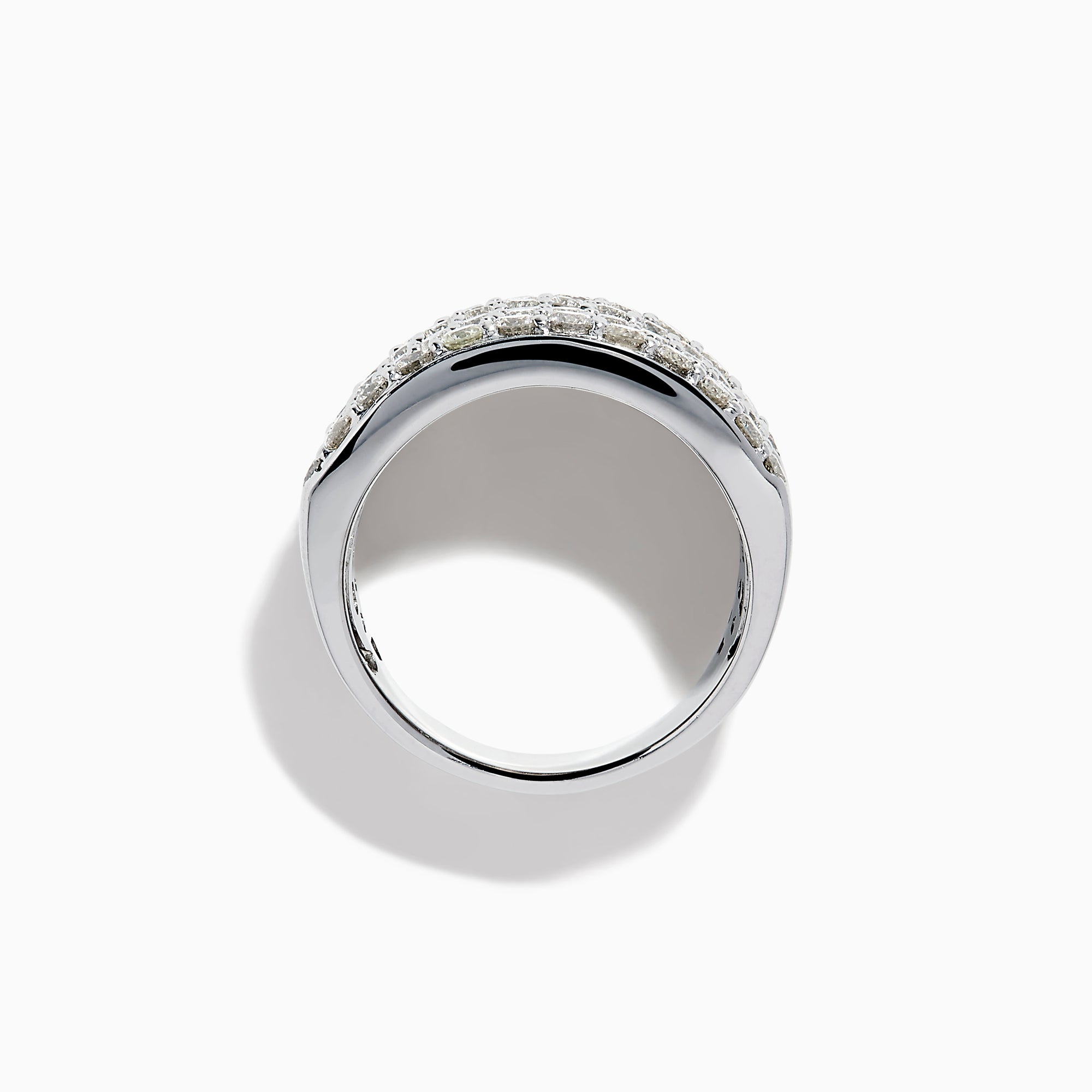 The Classique 14K White Gold Diamond Wide Band Ring showcases alternating rows of round and baguette diamonds in a stacked, layered design, set against a plain white background.