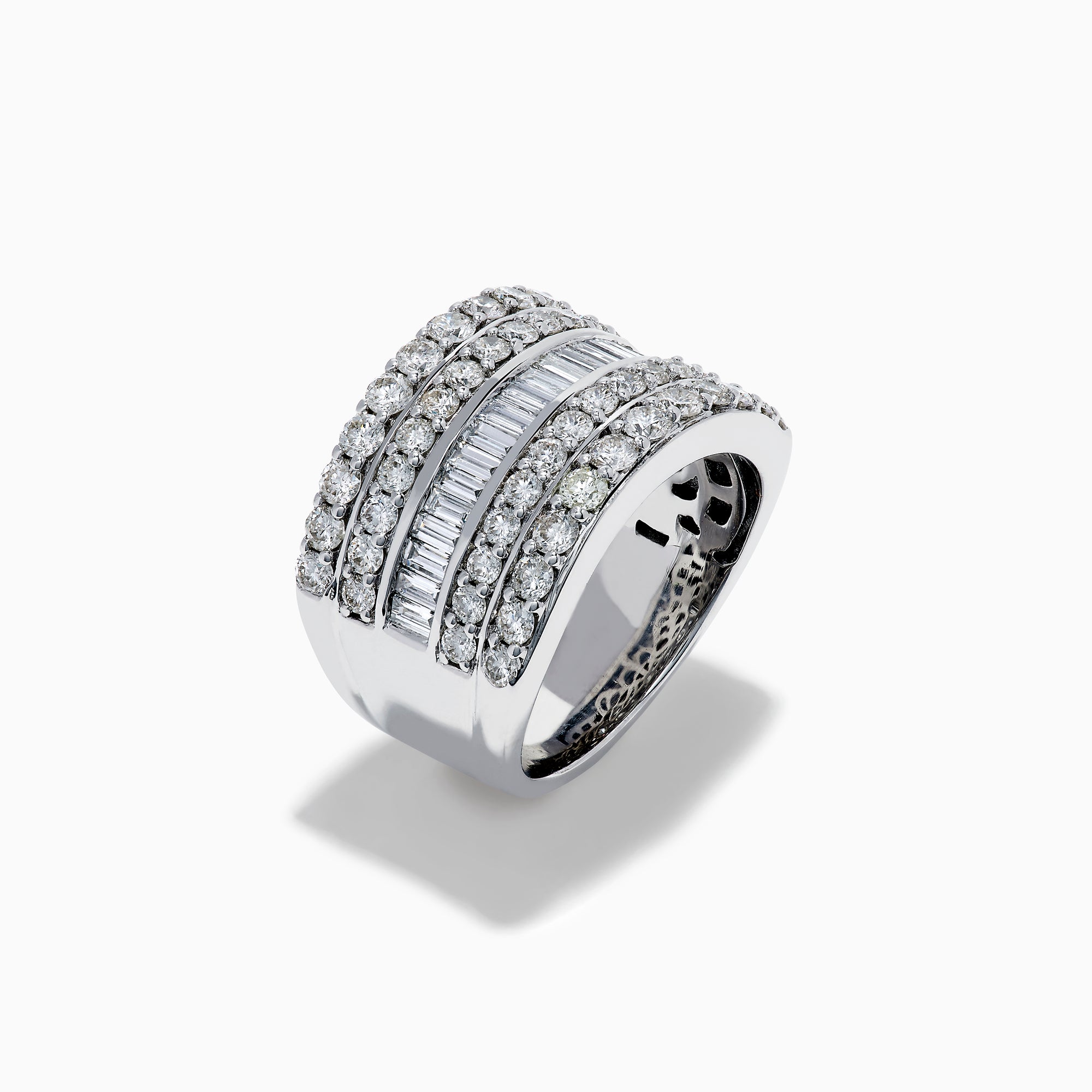 The Classique 14K White Gold Diamond Wide Band Ring showcases alternating rows of round and baguette diamonds in a stacked, layered design, set against a plain white background.