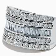 The Classique 14K White Gold Diamond Wide Band Ring showcases alternating rows of round and baguette diamonds in a stacked, layered design, set against a plain white background.