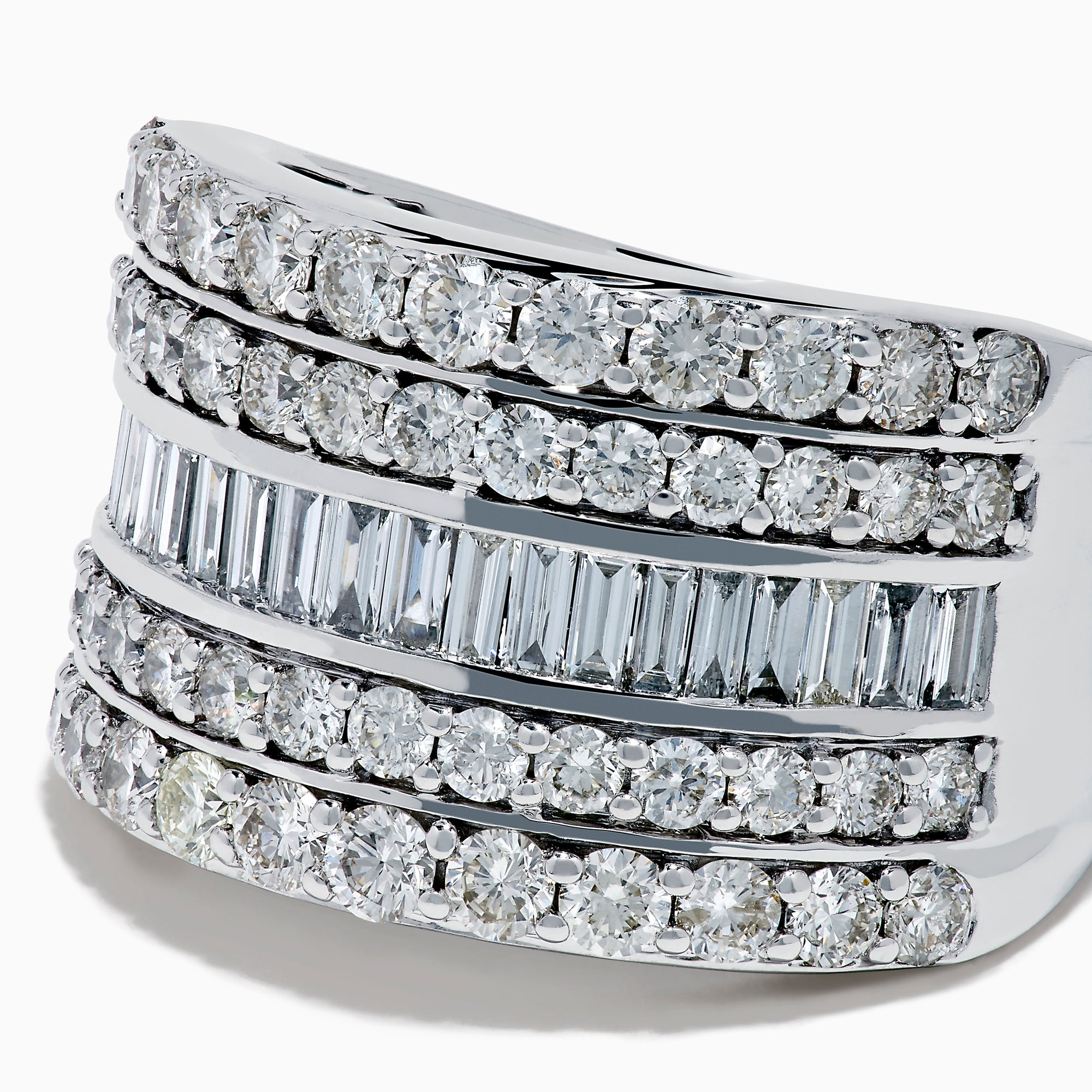 The Classique 14K White Gold Diamond Wide Band Ring showcases alternating rows of round and baguette diamonds in a stacked, layered design, set against a plain white background.