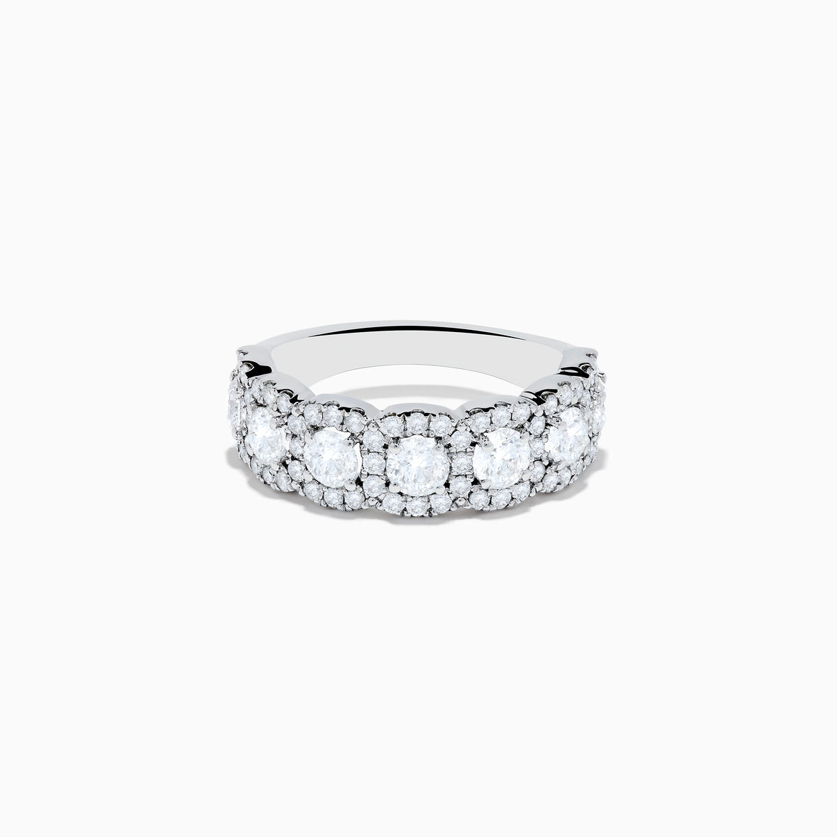 The 14K White Gold Diamond Ring showcases a row of large round diamonds, each encircled by smaller diamonds, forming a sparkling floral design across the band—a stunning example of diamond ring artistry.