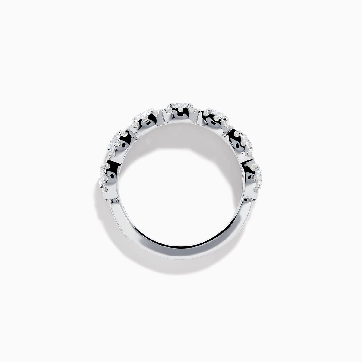 The 14K White Gold Diamond Ring showcases a row of large round diamonds, each encircled by smaller diamonds, forming a sparkling floral design across the band—a stunning example of diamond ring artistry.