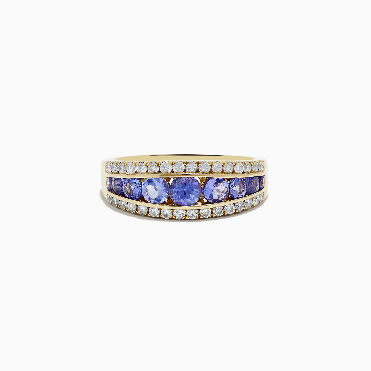 The Nahla Siri 14K Yellow Gold Tanzanite and Diamond Ring features a row of round blue tanzanite stones set between two rows of sparkling diamonds, shown on a white background.