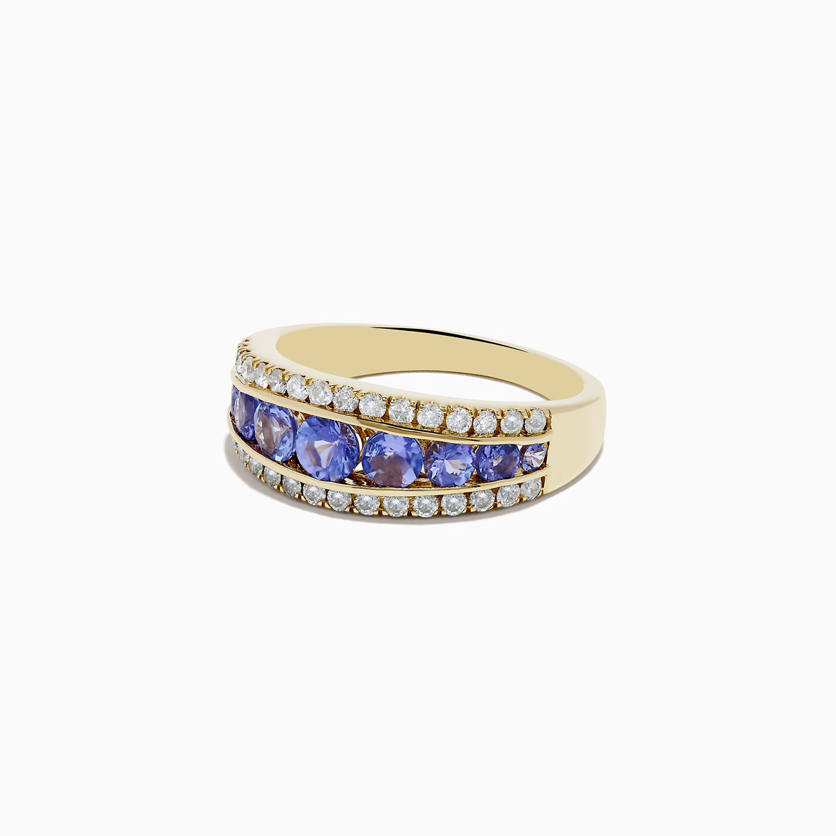 The Nahla Siri 14K Yellow Gold Tanzanite and Diamond Ring features a row of round blue tanzanite stones set between two rows of sparkling diamonds, shown on a white background.