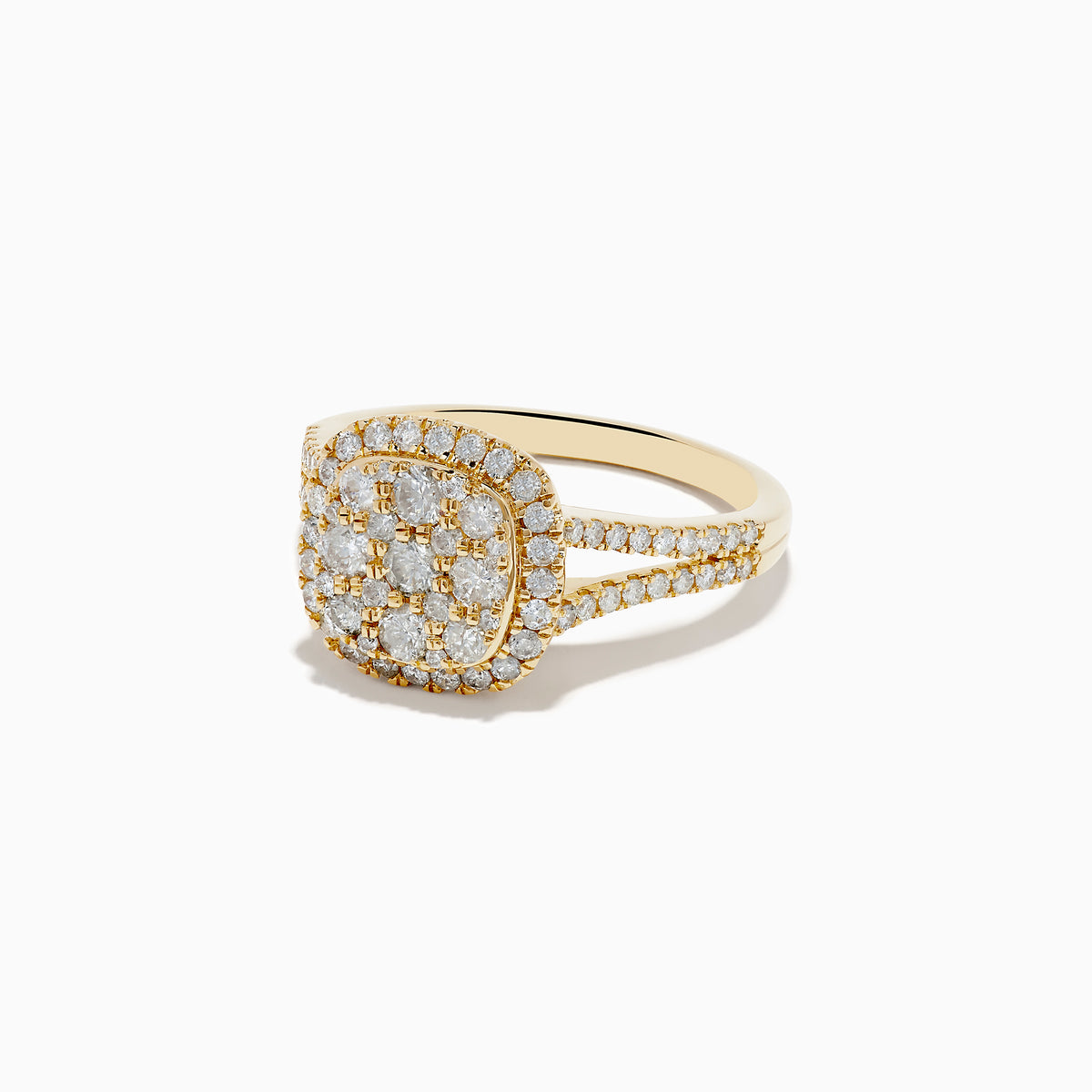 The Pave Classica 14K Yellow Gold Square Diamond Ring features a split shank band, a cushion-shaped diamond cluster, and pave-set stones along the band for 0.97 TCW of sparkling elegance.