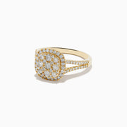 The Pave Classica 14K Yellow Gold Square Diamond Ring features a split shank band, a cushion-shaped diamond cluster, and pave-set stones along the band for 0.97 TCW of sparkling elegance.
