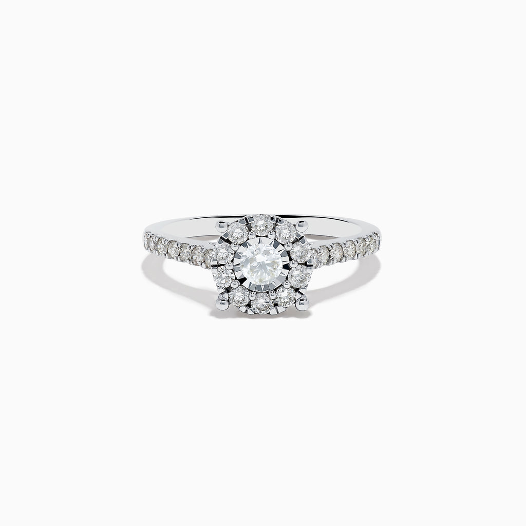 The Bouquet 14K White Gold Diamond Cluster Ring (0.73 TCW) features a round center diamond encircled by a halo of sparkling stones and accent diamonds along the band—an exquisite Effy design.