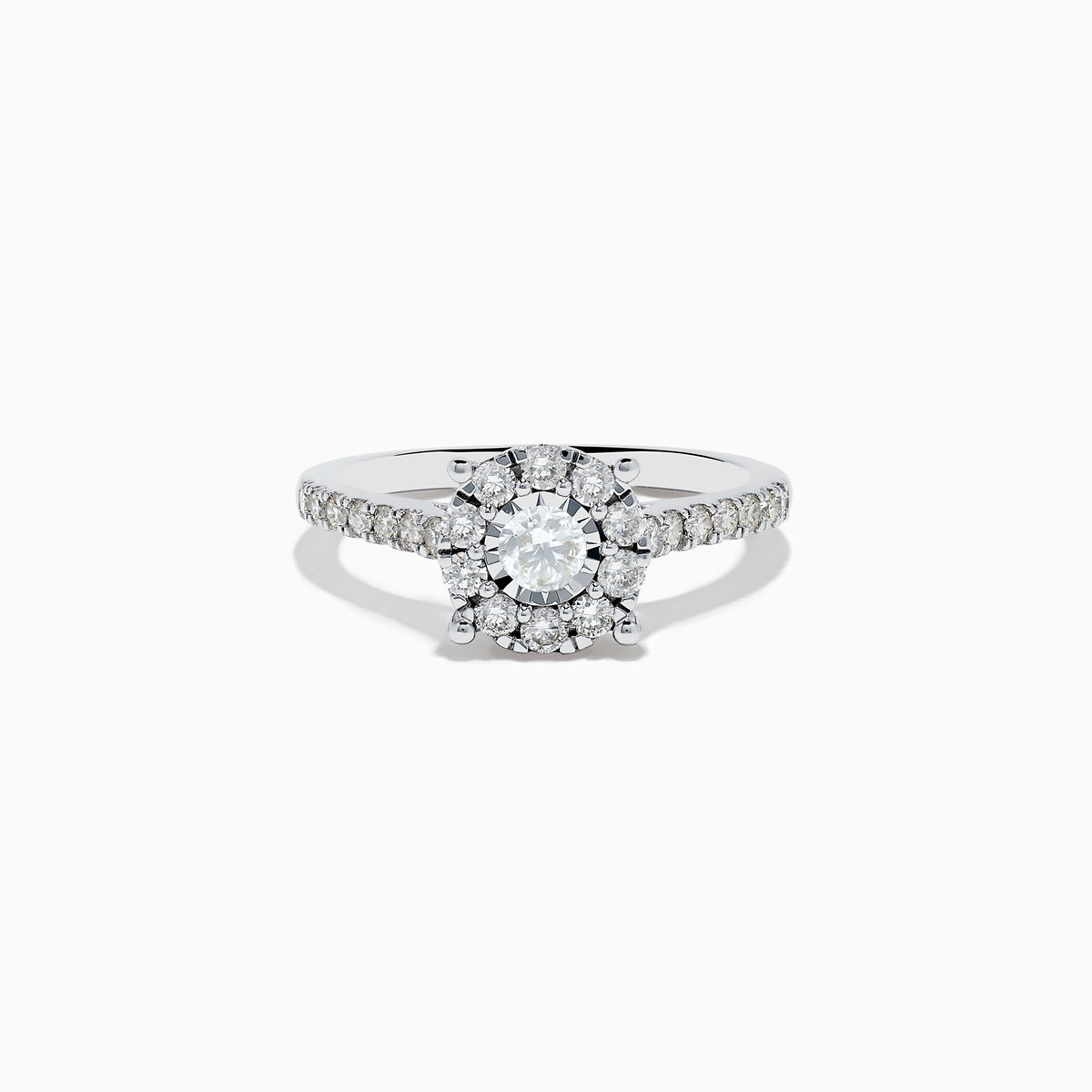 The Bouquet 14K White Gold Diamond Cluster Ring (0.73 TCW) features a round center diamond encircled by a halo of sparkling stones and accent diamonds along the band—an exquisite Effy design.