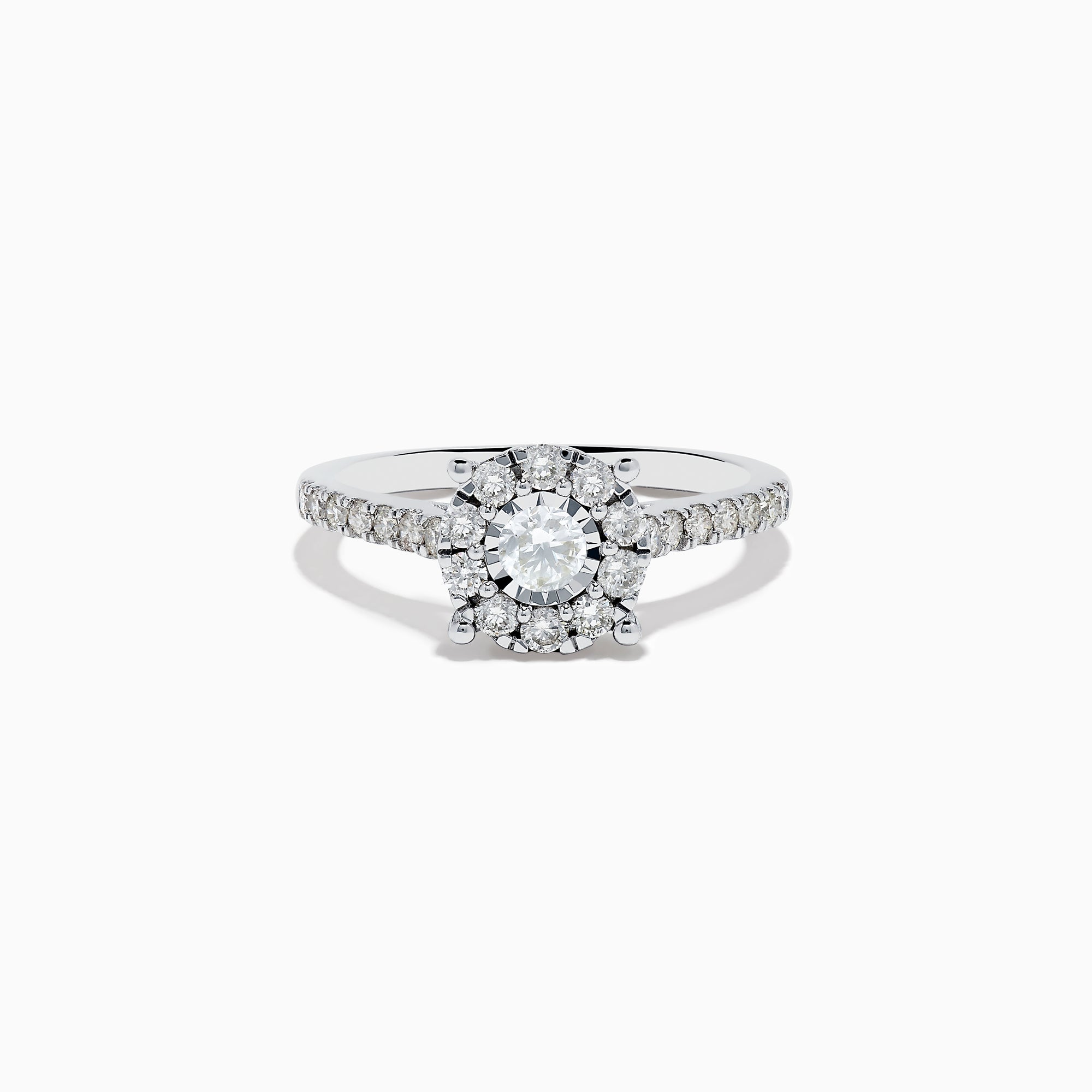 The Bouquet 14K White Gold Diamond Cluster Ring (0.73 TCW) features a round center diamond encircled by a halo of sparkling stones and accent diamonds along the band—an exquisite Effy design.