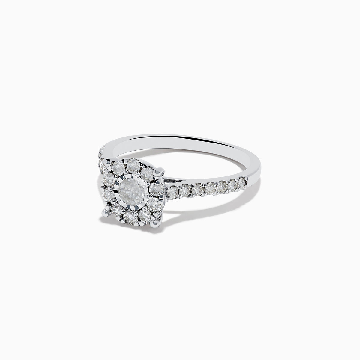 The Bouquet 14K White Gold Diamond Cluster Ring (0.73 TCW) features a round center diamond encircled by a halo of sparkling stones and accent diamonds along the band—an exquisite Effy design.