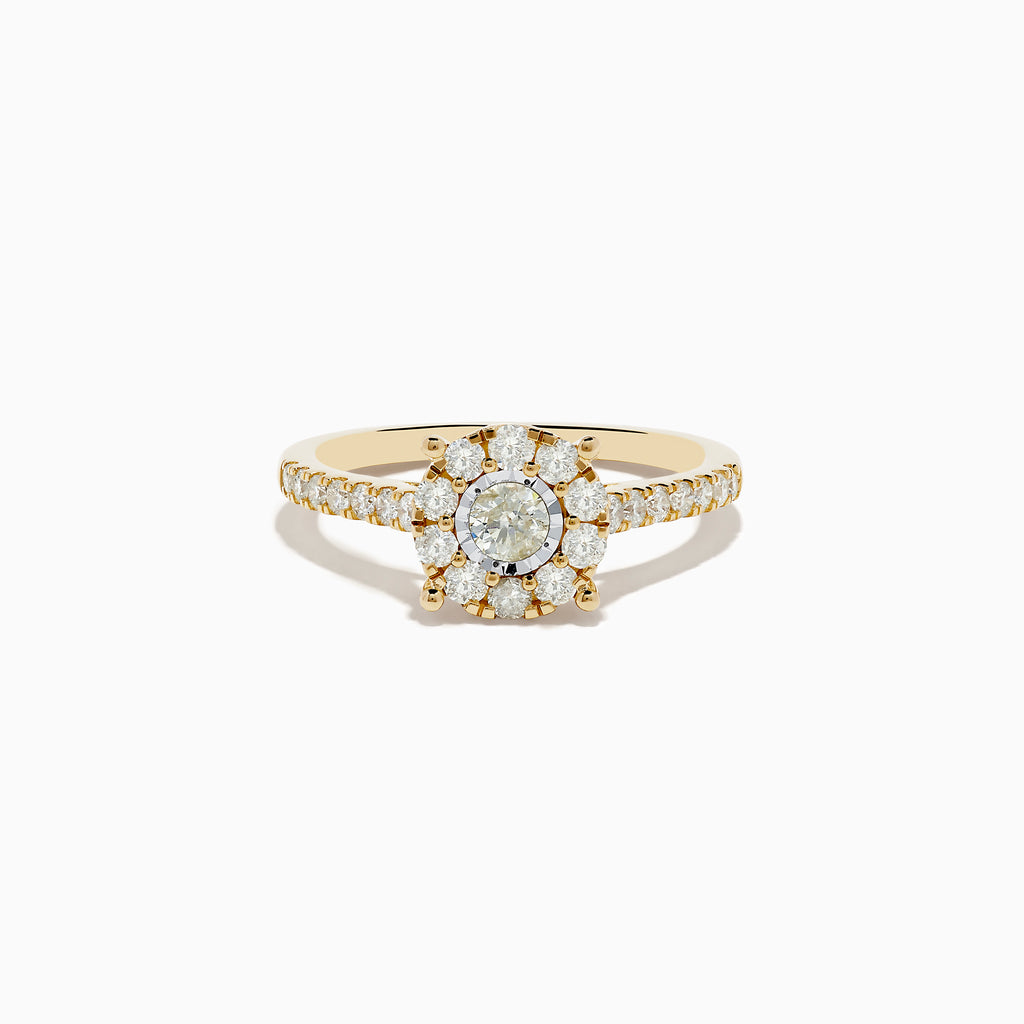 The Duo 14K Yellow and White Gold Diamond Cluster Ring (0.73 TCW) features a round center diamond with a halo of smaller diamonds and additional diamonds along the band.