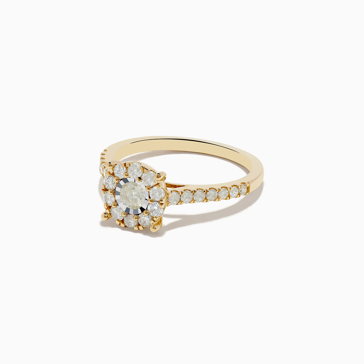 The Duo 14K Yellow and White Gold Diamond Cluster Ring (0.73 TCW) features a round center diamond with a halo of smaller diamonds and additional diamonds along the band.