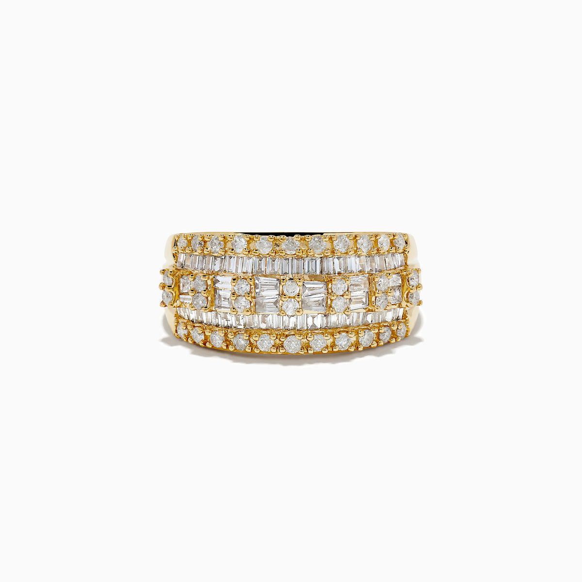 The DOro 14K Yellow Gold Diamond Ring 0.98 TCW features multiple rows of baguette and round-cut white diamonds in a geometric pattern, set in yellow gold and shown from the front against a white background.