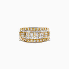 The DOro 14K Yellow Gold Diamond Ring 0.98 TCW features multiple rows of baguette and round-cut white diamonds in a geometric pattern, set in yellow gold and shown from the front against a white background.