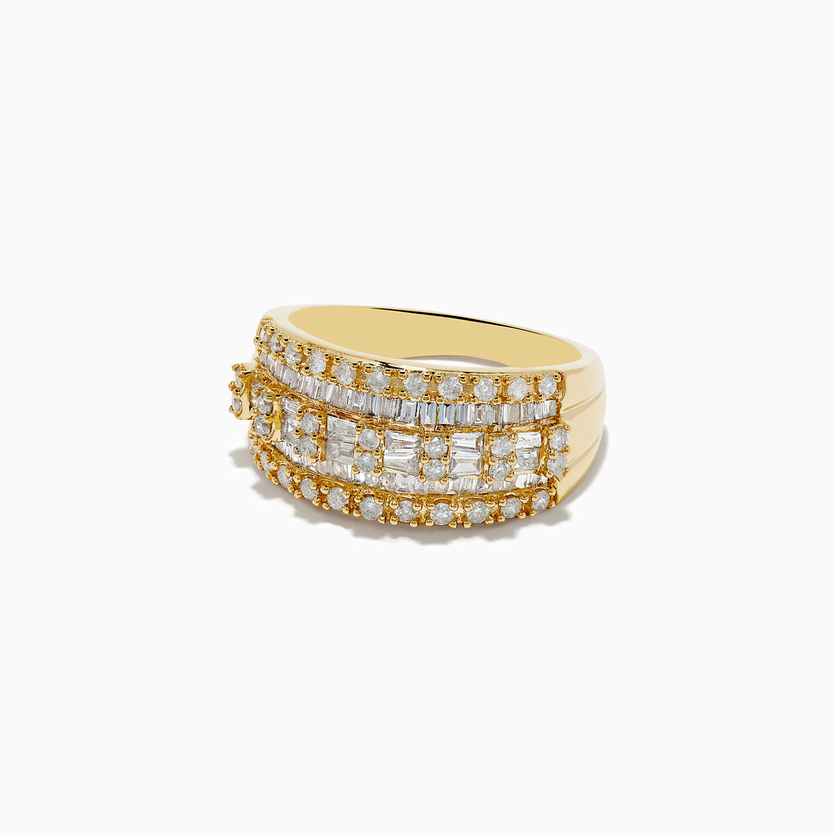 The DOro 14K Yellow Gold Diamond Ring 0.98 TCW features multiple rows of baguette and round-cut white diamonds in a geometric pattern, set in yellow gold and shown from the front against a white background.