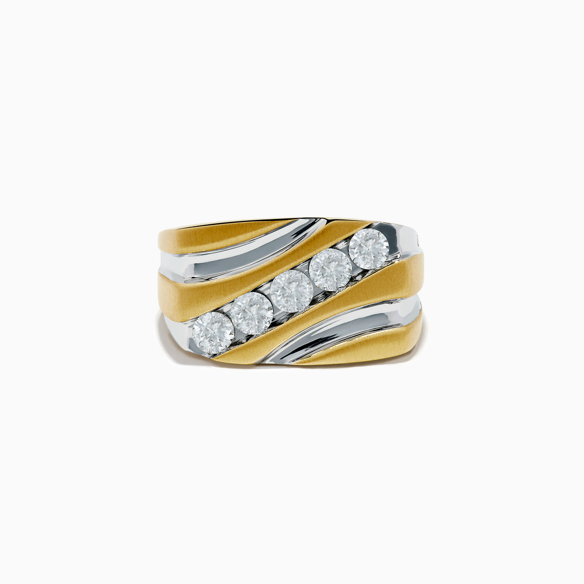 The Mens 14K Yellow Gold Diamond Ring features a silver wave pattern and six round diamonds set in a row across the center.