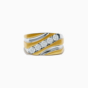 The Mens 14K Yellow Gold Diamond Ring features a silver wave pattern and six round diamonds set in a row across the center.