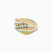 The Mens 14K Yellow Gold Diamond Ring features a silver wave pattern and six round diamonds set in a row across the center.