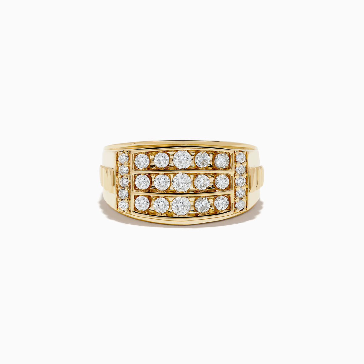 The Mens 14K Yellow Gold Diamond Ring showcases three horizontal rows of round-cut white diamonds, with extra diamonds set vertically on the sides of the central design.