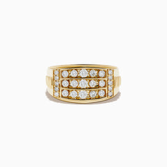 The Mens 14K Yellow Gold Diamond Ring showcases three horizontal rows of round-cut white diamonds, with extra diamonds set vertically on the sides of the central design.