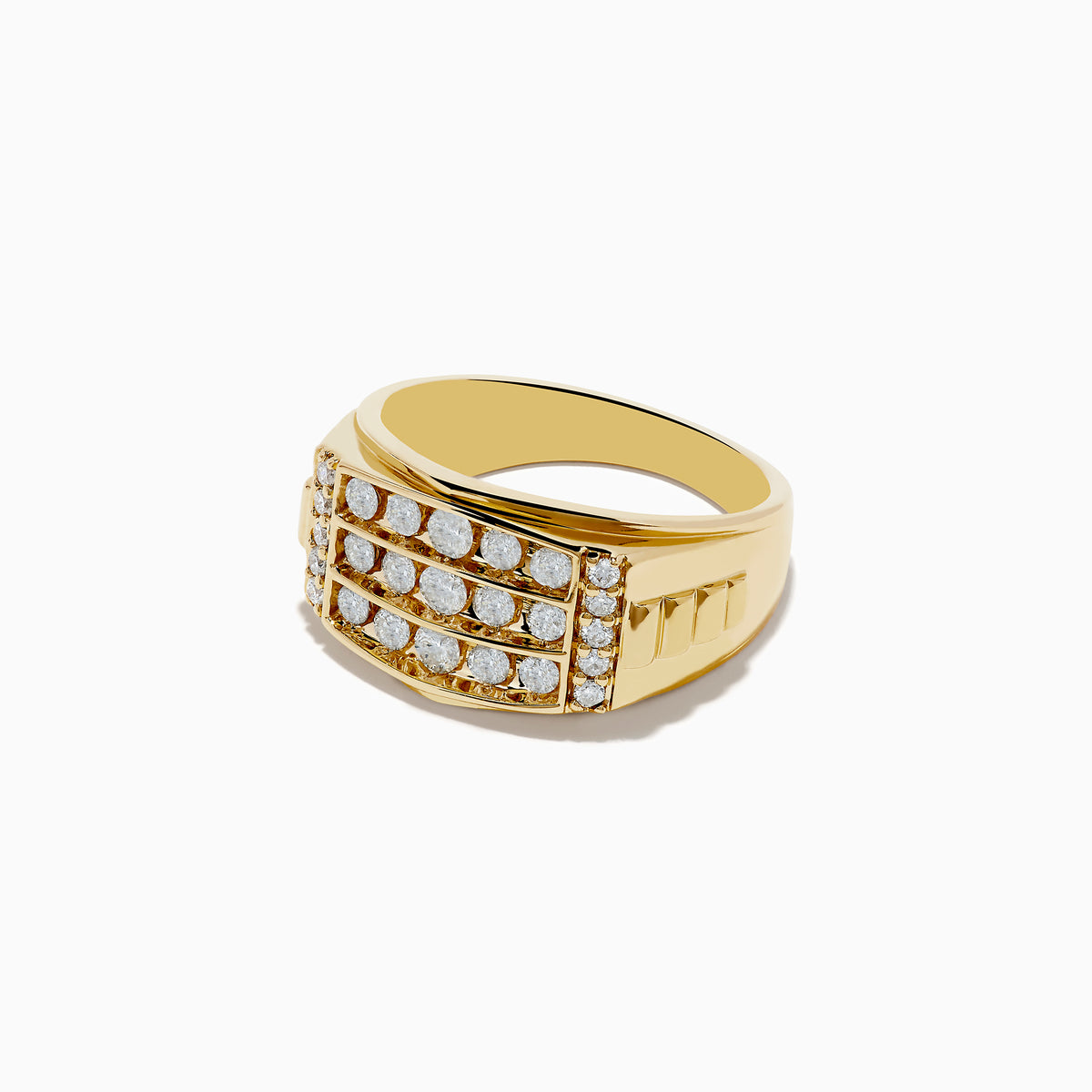 The Mens 14K Yellow Gold Diamond Ring showcases three horizontal rows of round-cut white diamonds, with extra diamonds set vertically on the sides of the central design.