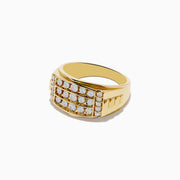 The Mens 14K Yellow Gold Diamond Ring showcases three horizontal rows of round-cut white diamonds, with extra diamonds set vertically on the sides of the central design.
