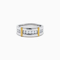 The Men's 925 Sterling Silver Diamond Ring showcases a row of round diamonds across the center, flanked by two vertical gold bars on each side, offering a timeless and stylish look.