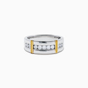 The Men's 925 Sterling Silver Diamond Ring showcases a row of round diamonds across the center, flanked by two vertical gold bars on each side, offering a timeless and stylish look.