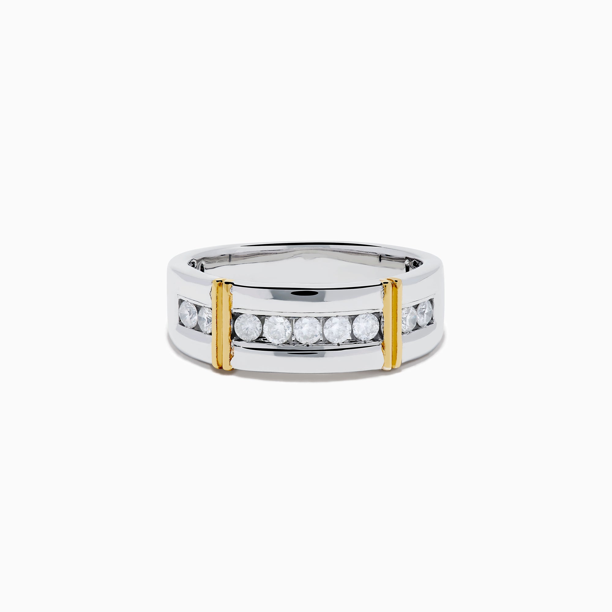 The Men's 925 Sterling Silver Diamond Ring showcases a row of round diamonds across the center, flanked by two vertical gold bars on each side, offering a timeless and stylish look.