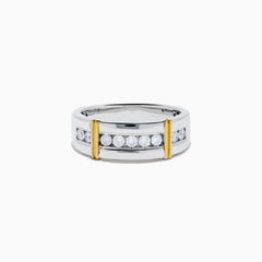 The Men's 925 Sterling Silver Diamond Ring showcases a row of round diamonds across the center, flanked by two vertical gold bars on each side, offering a timeless and stylish look.