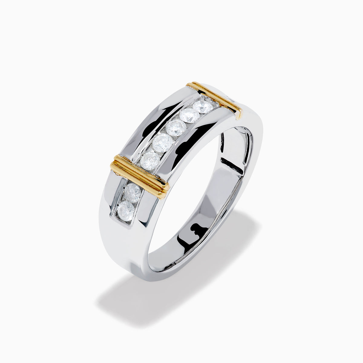 The Men's 925 Sterling Silver Diamond Ring showcases a row of round diamonds across the center, flanked by two vertical gold bars on each side, offering a timeless and stylish look.