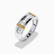 The Men's 925 Sterling Silver Diamond Ring showcases a row of round diamonds across the center, flanked by two vertical gold bars on each side, offering a timeless and stylish look.