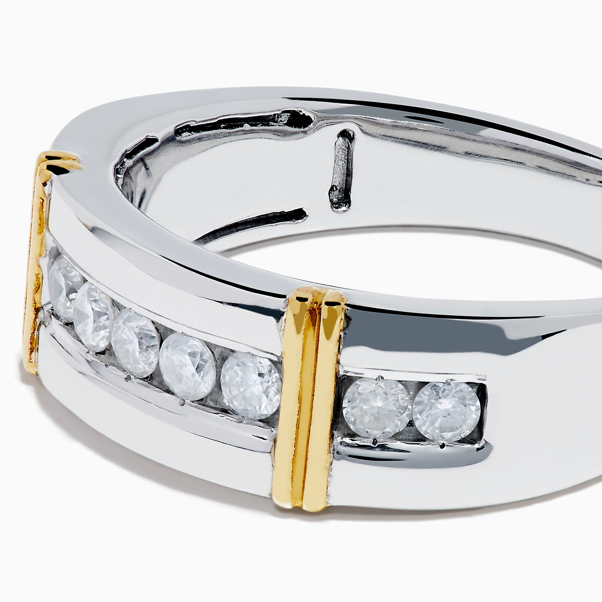 The Men's 925 Sterling Silver Diamond Ring showcases a row of round diamonds across the center, flanked by two vertical gold bars on each side, offering a timeless and stylish look.