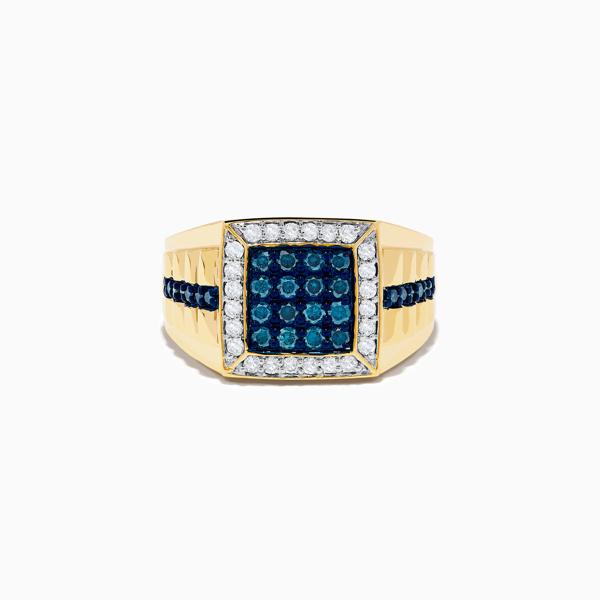 The Mens 14K Yellow Gold White and Blue Diamond Ring features a square face with blue center stones, a border of clear gems, and a band set with blue diamonds and textured detailing for a bold look.