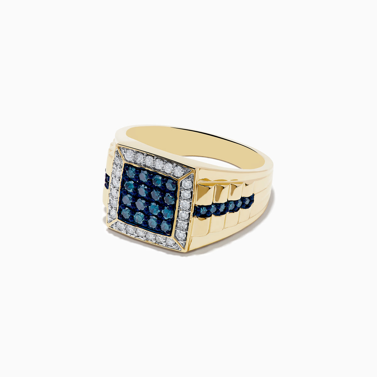 The Mens 14K Yellow Gold White and Blue Diamond Ring features a square face with blue center stones, a border of clear gems, and a band set with blue diamonds and textured detailing for a bold look.
