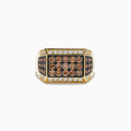 The Mens 14K Yellow Gold Espresso and White Diamond Ring features three rows of round brown gems like espresso diamonds, bordered by two white diamond rows. Its wide rectangular face includes diamond accents along the edges.