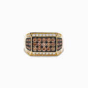 The Mens 14K Yellow Gold Espresso and White Diamond Ring features three rows of round brown gems like espresso diamonds, bordered by two white diamond rows. Its wide rectangular face includes diamond accents along the edges.