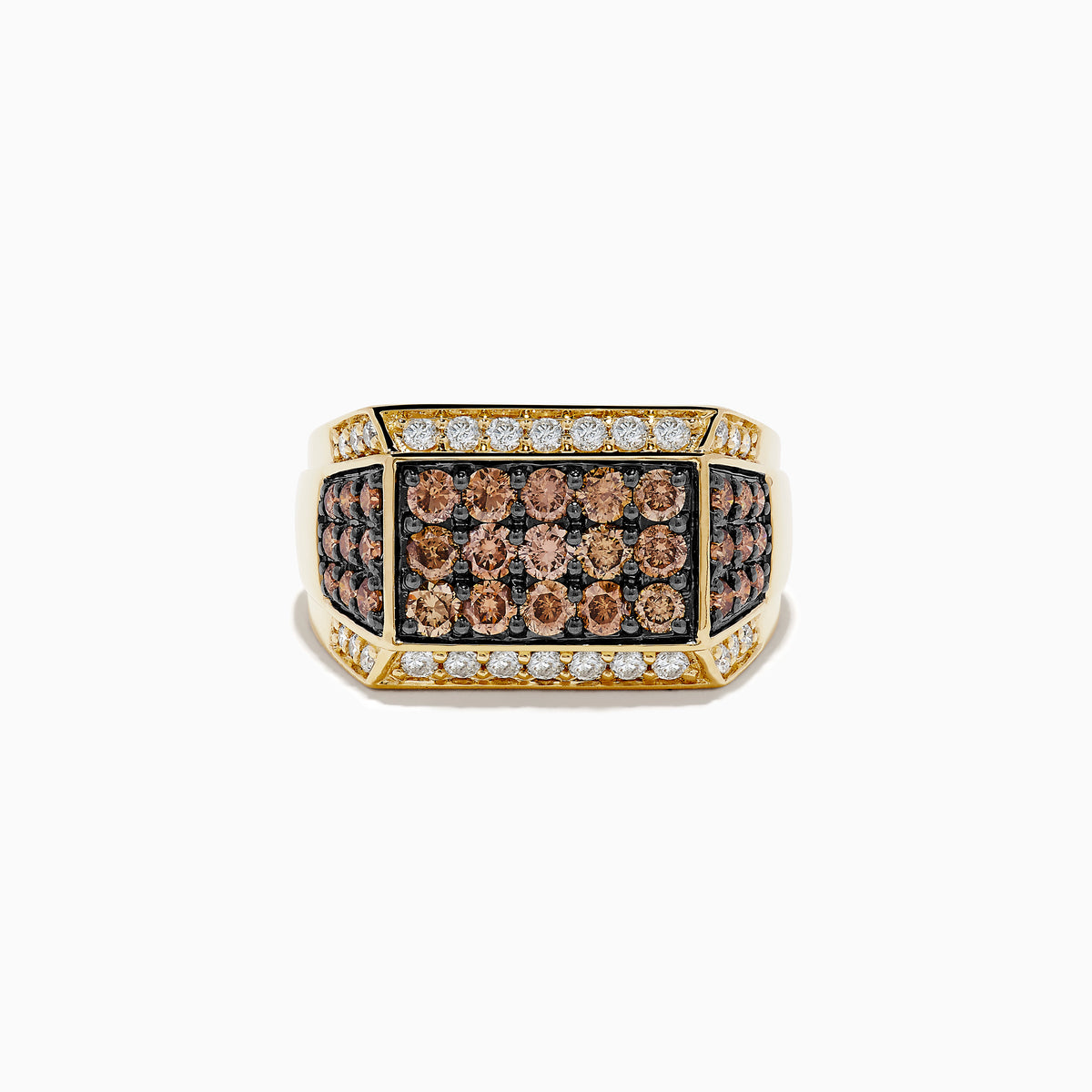 The Mens 14K Yellow Gold Espresso and White Diamond Ring features three rows of round brown gems like espresso diamonds, bordered by two white diamond rows. Its wide rectangular face includes diamond accents along the edges.