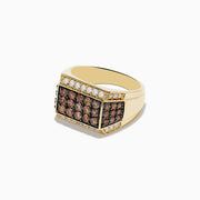 The Mens 14K Yellow Gold Espresso and White Diamond Ring features three rows of round brown gems like espresso diamonds, bordered by two white diamond rows. Its wide rectangular face includes diamond accents along the edges.