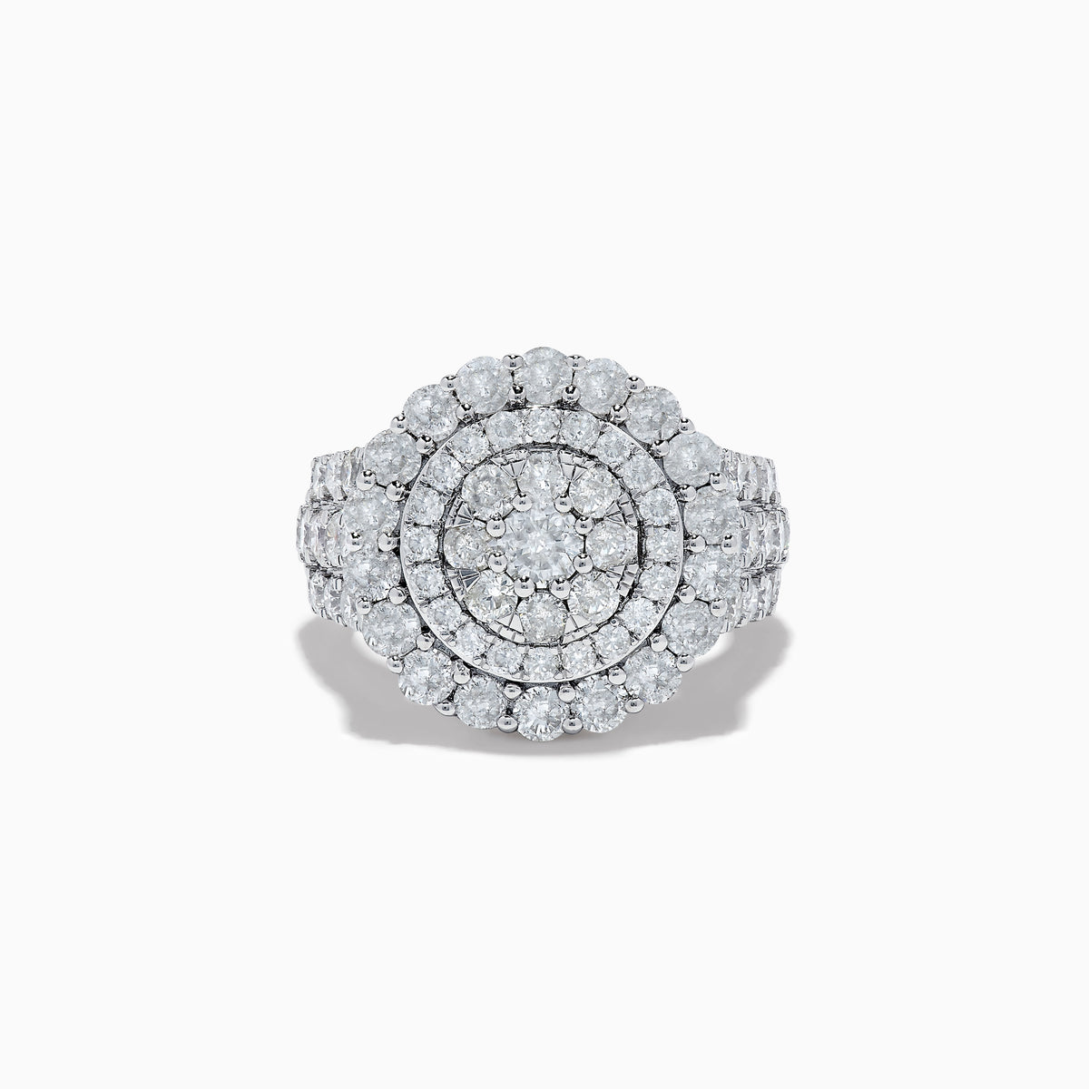 The Bouquet 14K White Gold Diamond Ring features three concentric circles of round diamonds and extra diamonds on the band, creating a bold, sparkling look shown against a plain white background.
